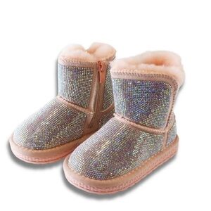 Doe A Dear Sparkly Holographic Pink Toddler Rhinestone Boots-Size 7 NWOT